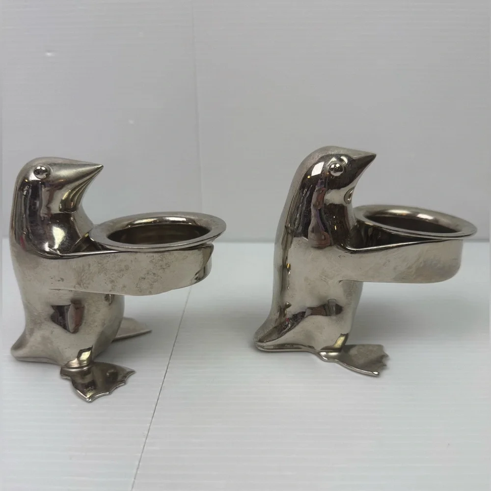 Pair2 Restoration Hardware Silver Plate Penguin Butler Sauce Dish Candle Holder